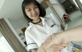 Busty Kookkik strips short skirt fucked over worktop and creampied