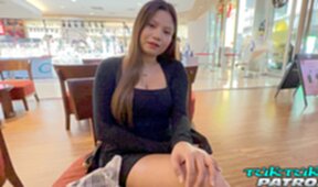 Breasty Alisa strips black dress and rides cock creampied pussy